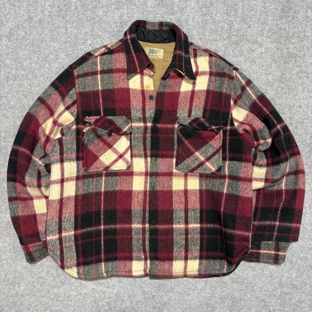 Vintage Kmart Mens Plaid Flannel Shirt Jacket Sherpa Lined Red Black Large